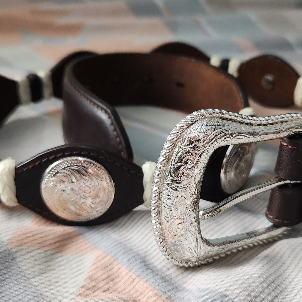 Dark Leather Belt with Silver Buckle and Silver Medallions
